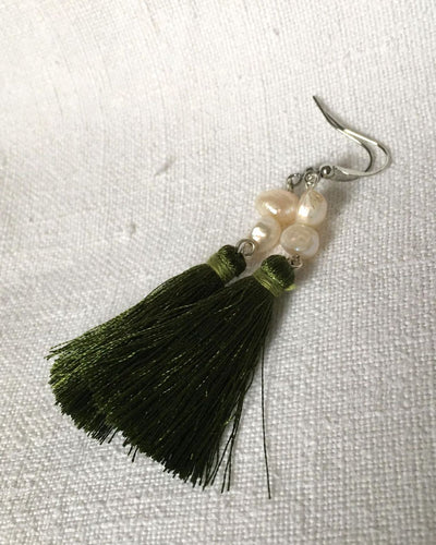 white freshwater pearl and olive green tassel earrings handmade in myanmar